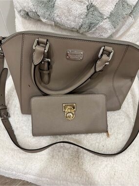Michael Kors Taupe Saffiano Satchel with Matching Wallet